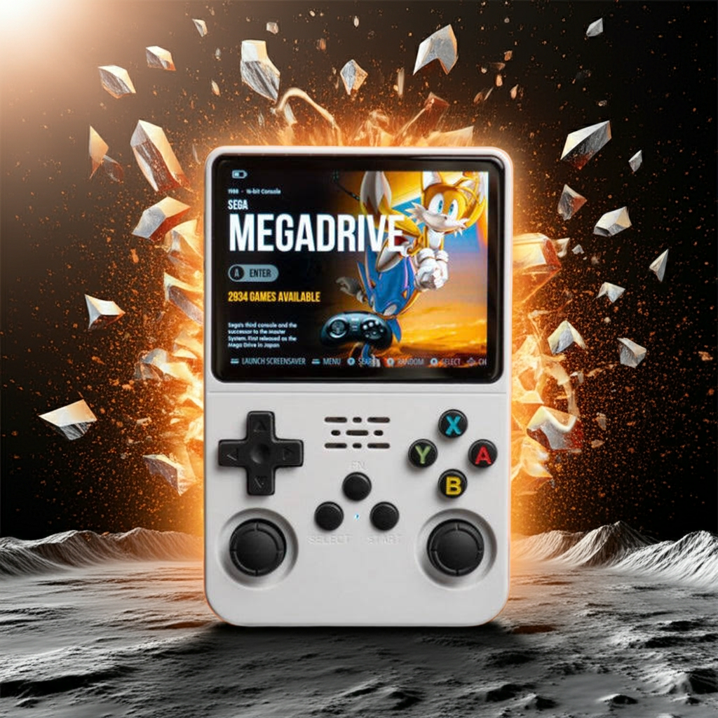 R36S Handheld gaming console with Sega Megadrive interface on a moon-like surface with explosion effect 128GB memory linux gaming system sale price 20,000 games