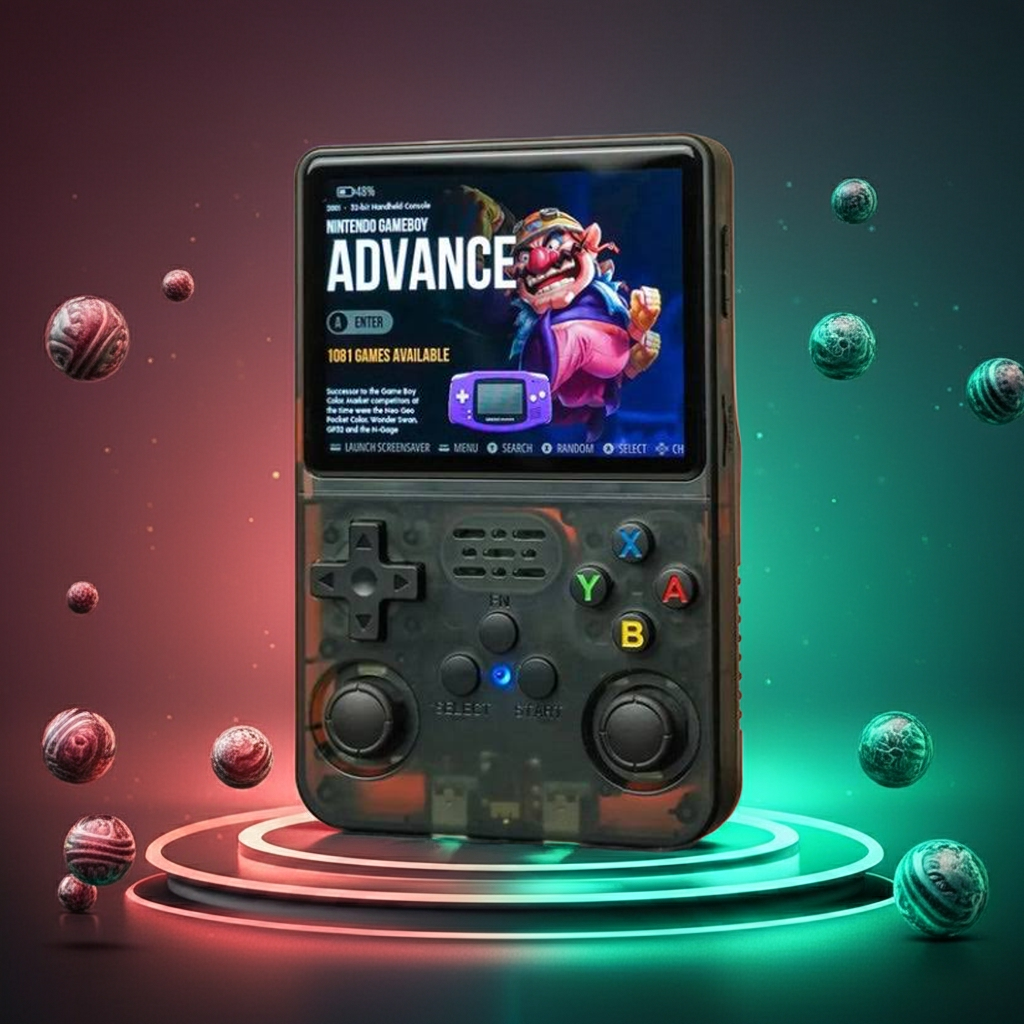 R36S Handheld gaming console with a retro game interface on a colorful background sale price free shipping