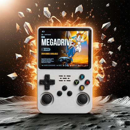 R36S Handheld gaming console with Sega Megadrive interface on a moon-like surface with explosion effect 128GB memory linux gaming system sale price 20,000 games