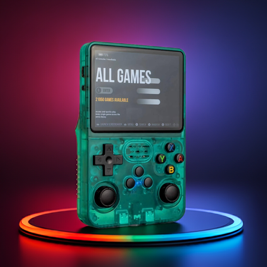 R36S Handheld gaming console with transparent teal casing on a dark background sale price 
